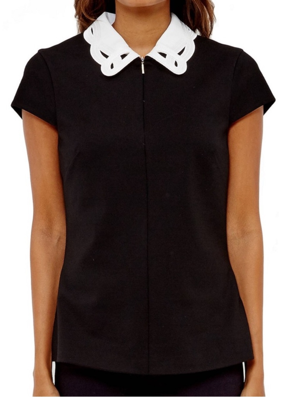 Ted Baker Black Short Sleeve Top with White Scalloped Collar